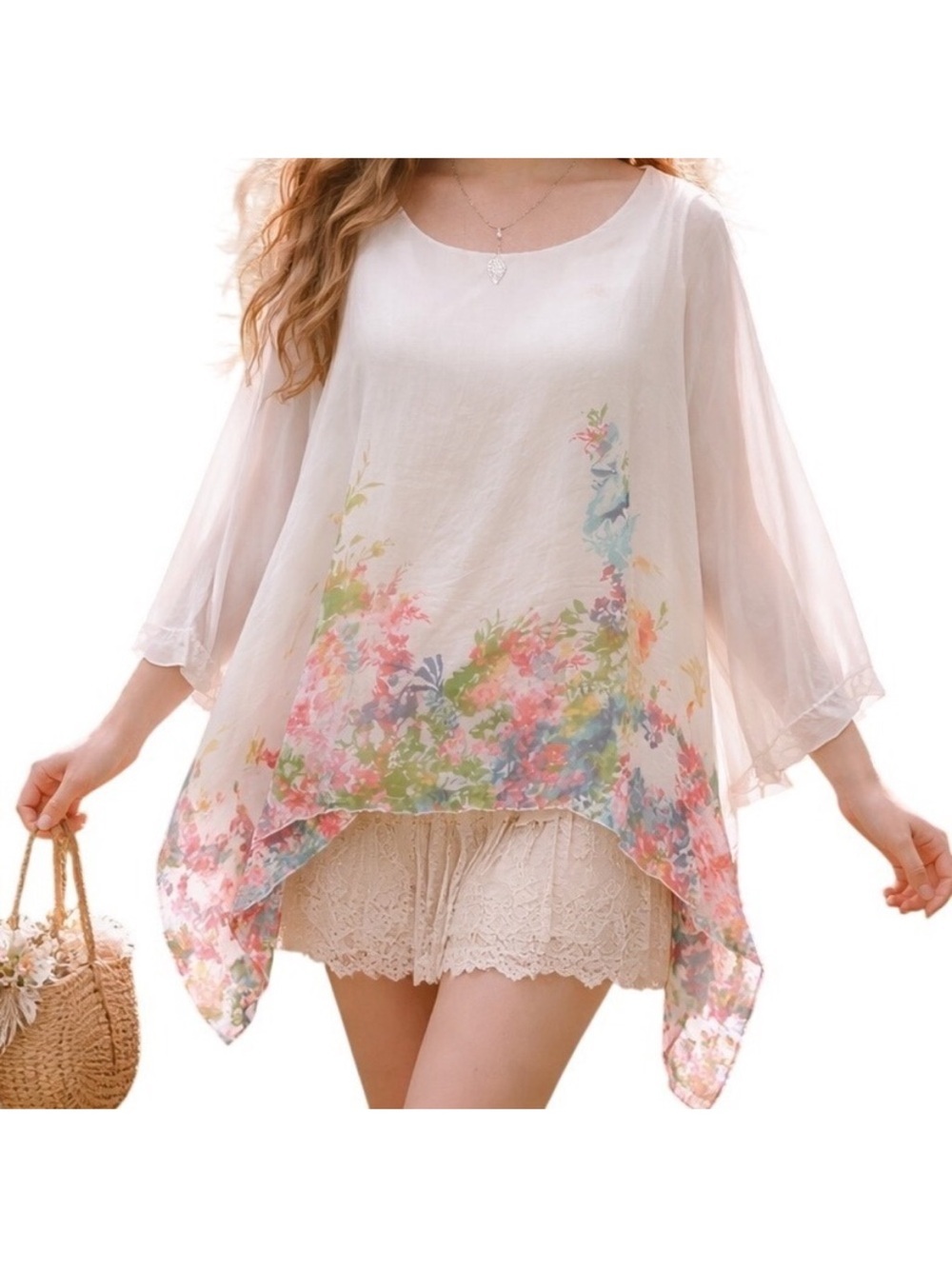 Elena Baldi Women's 100% Silk Caftan Floral Sheer Pullover Blouse Size Large NWT - Picture 2 of 11